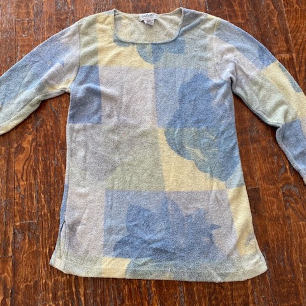 GABRIELLA T * Watercolor BLUE Yellow GREEN lightweight TUNIC SWEATER *S or M EUC